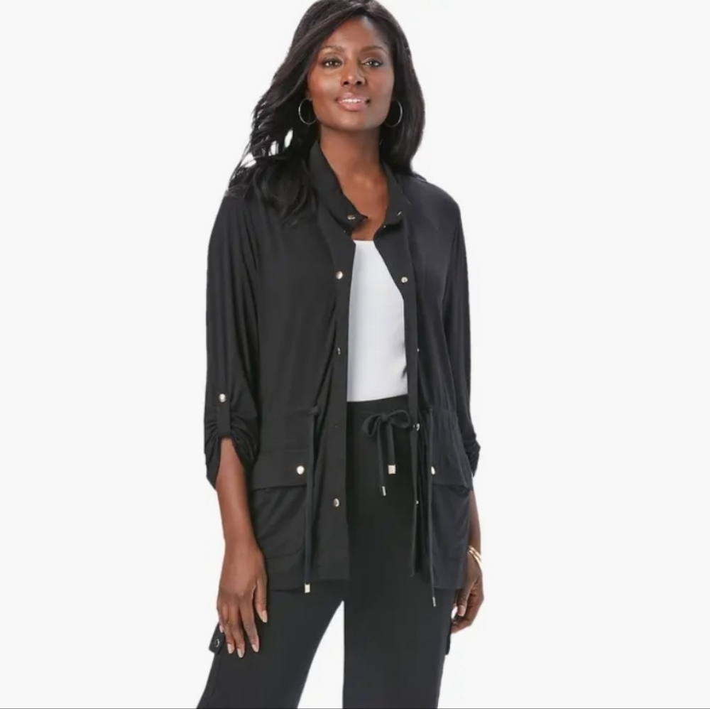 Jessica London Black Jersey Shacket with Gold Accents Drawstring Waist Size 32